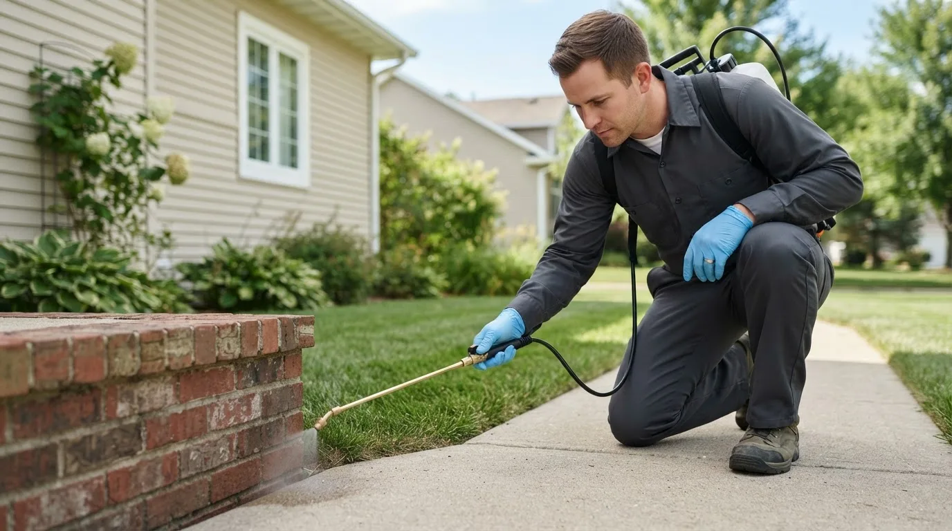 Pest control technician treating a home near Manchester, VT